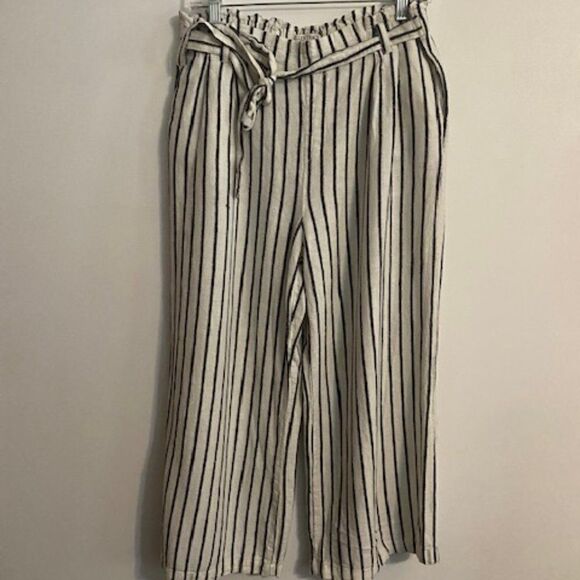 Ellen Tracy Black/White Stripe Linen blend wide-leg capri pants, size L - Picture 1 of 3